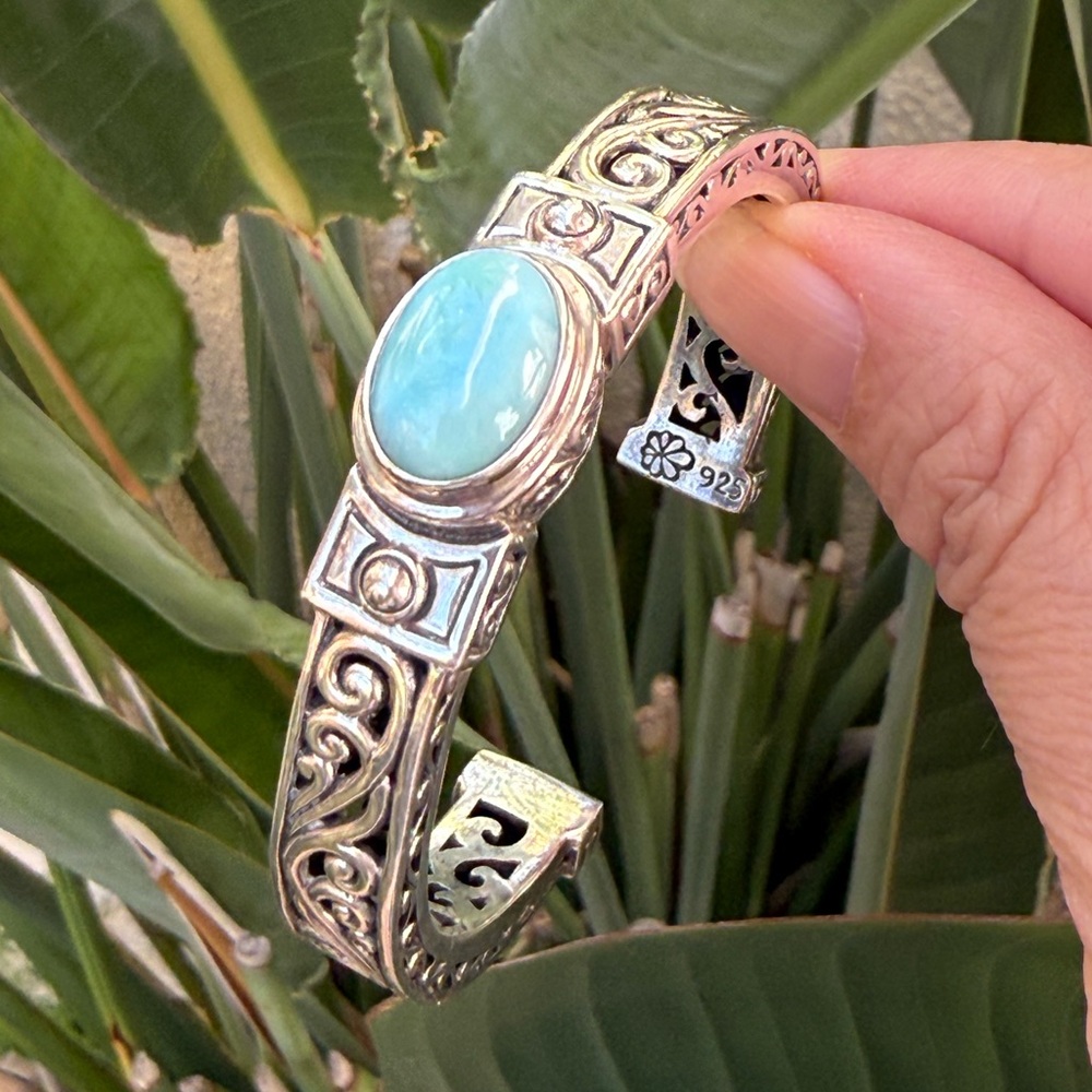 Genuine larimar heavy set solid sterling silver cuff bracelet - Picture 1 of 5